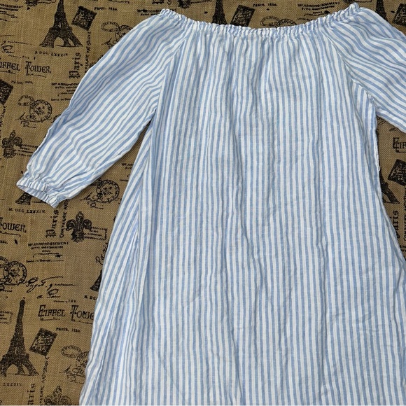 Saks Fifth Avenue 100% Linen Blue White 3/4 Sleeve Off Shoulder Maxi Dress - Picture 13 of 16